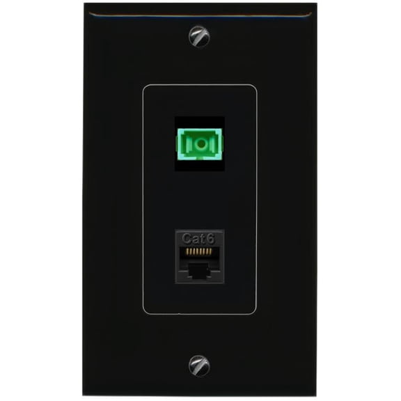 RiteAV 1 Port Fiber Optic Jack SC Simplex APC + Cat6 Wall Plate - 1 Gang Black/Black