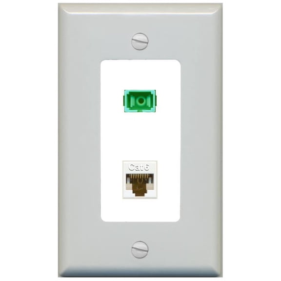 RiteAV 1 Port Fiber Optic Jack SC Simplex APC + Cat6 Wall Plate - 1 Gang Gray/White