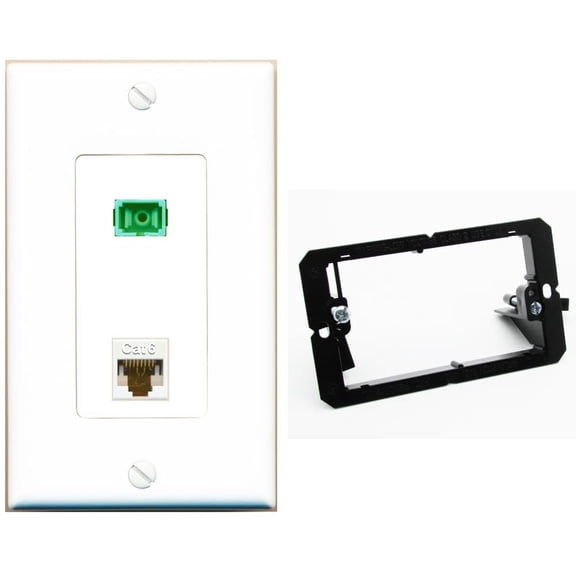 RiteAV 1 Port Fiber Optic Jack SC Simplex APC + Cat6 Wall Plate - Bracket White