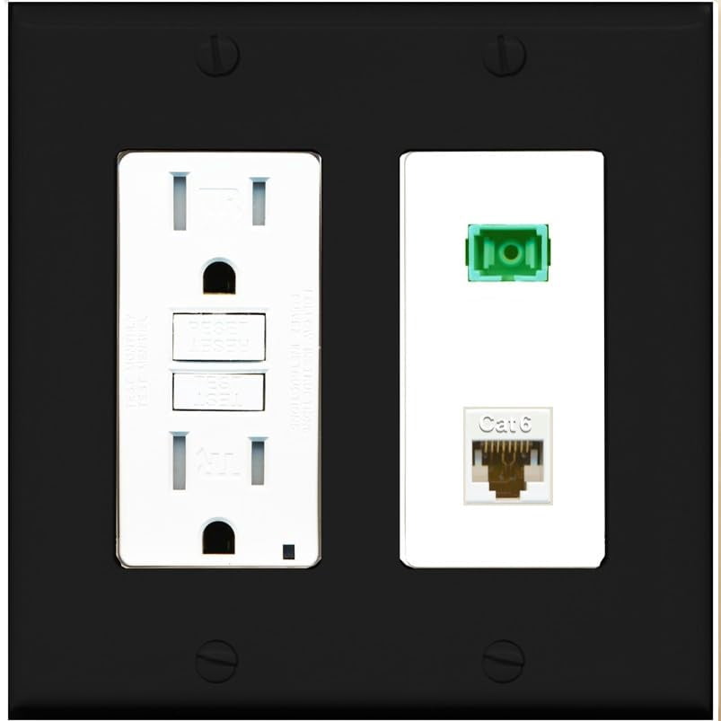 RiteAV 1 Port Fiber Optic Jack SC Simplex APC + Cat6 Wall Plate - GFCI Outlet [Black/White]