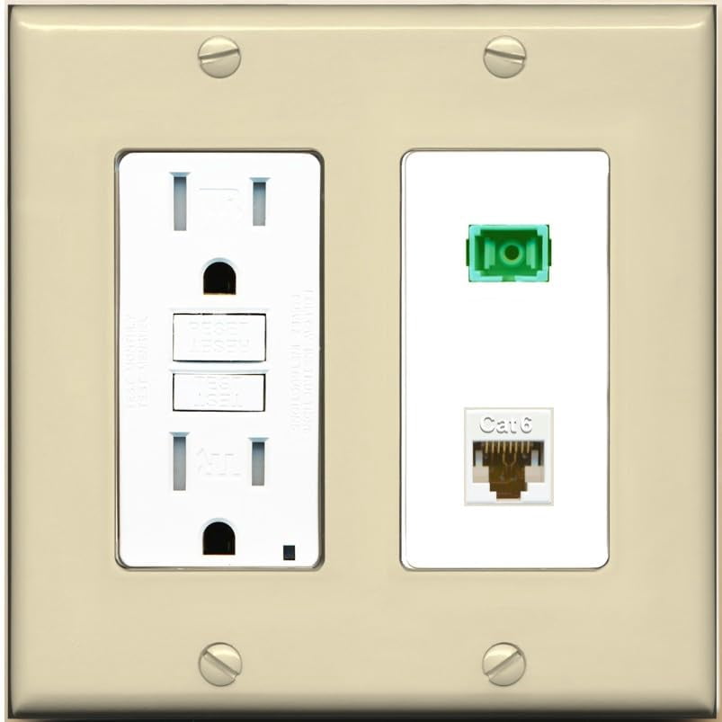 RiteAV 1 Port Fiber Optic Jack SC Simplex APC + Cat6 Wall Plate - GFCI Outlet [Ivory/White]