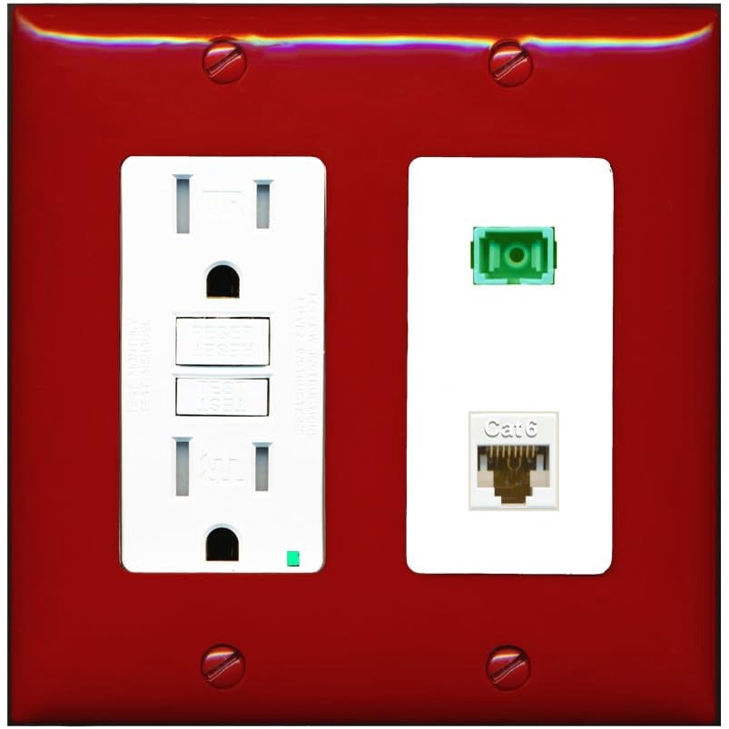 RiteAV 1 Port Fiber Optic Jack SC Simplex APC + Cat6 Wall Plate - GFCI Outlet [Red/White]