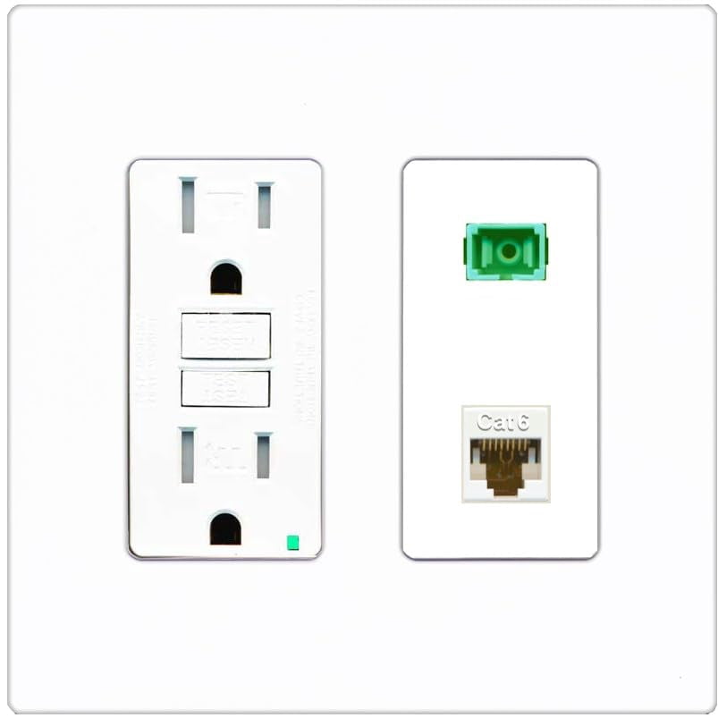 RiteAV 1 Port Fiber Optic Jack SC Simplex APC + Cat6 Wall Plate - GFCI Outlet [Screwless White]
