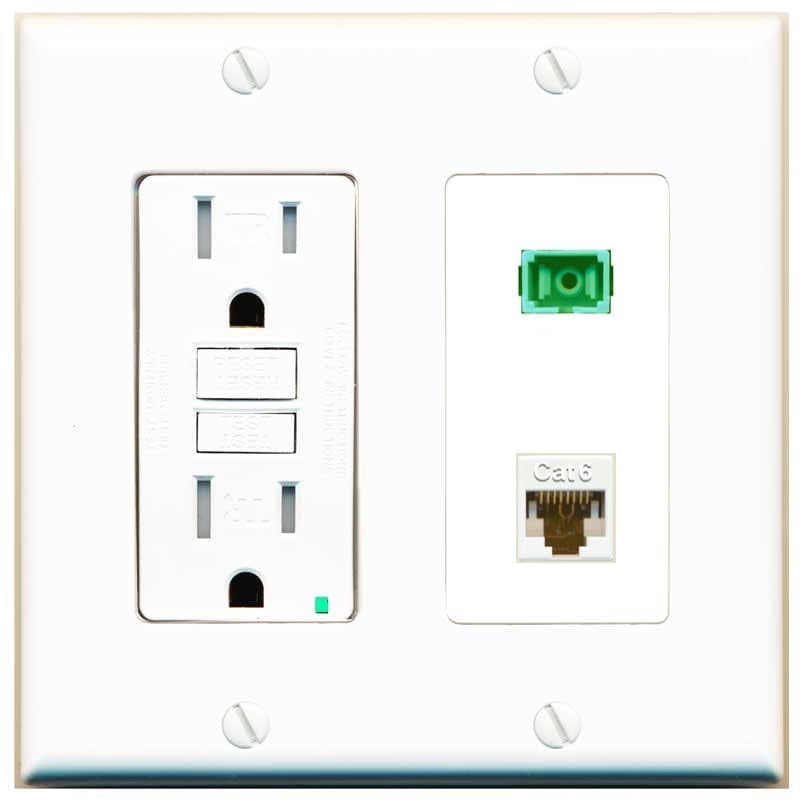 RiteAV 1 Port Fiber Optic Jack SC Simplex APC + Cat6 Wall Plate - GFCI Outlet [White]