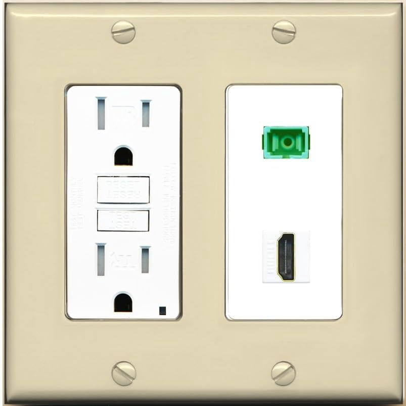 RiteAV 1 Port Fiber Optic Jack SC Simplex APC + HDMI Wall Plate - GFCI Outlet [Ivory/White]