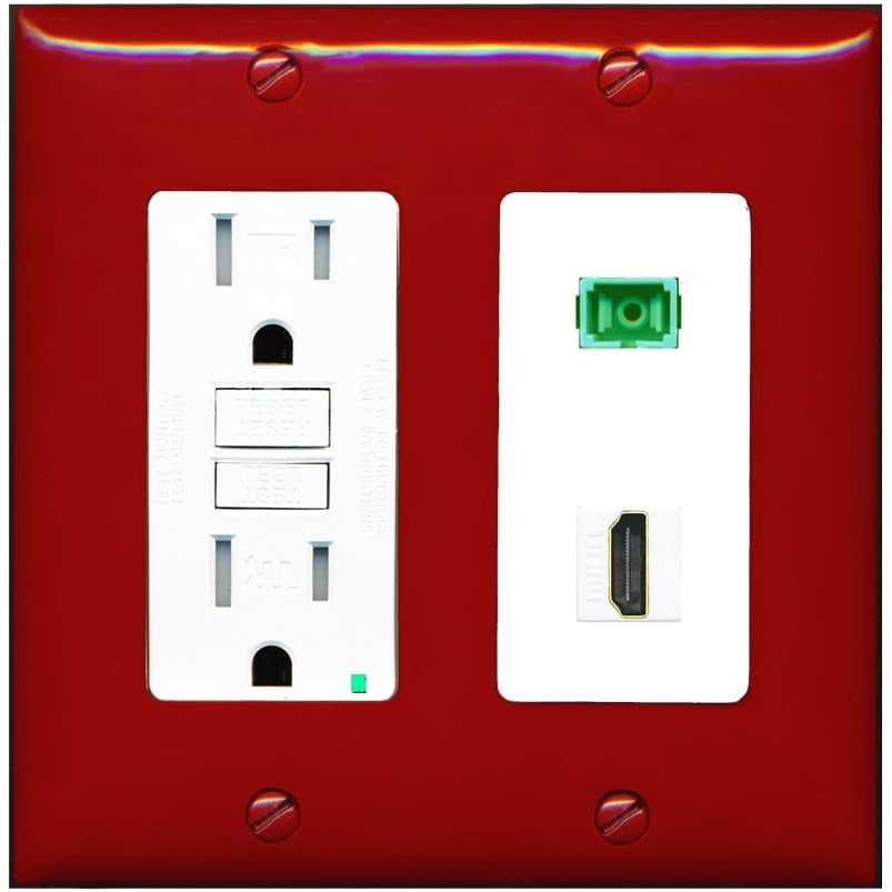 RiteAV 1 Port Fiber Optic Jack SC Simplex APC + HDMI Wall Plate - GFCI Outlet [Red/White]