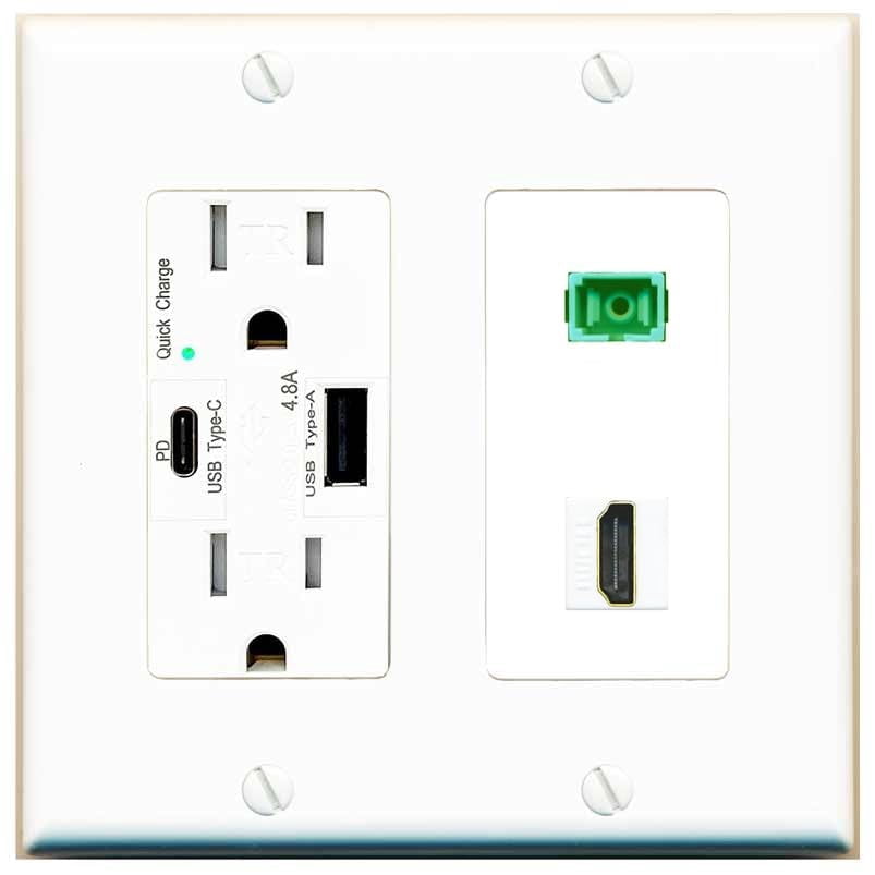 RiteAV 1 Port Fiber Optic Jack SC Simplex APC + HDMI Wall Plate - USB A+C Charger Outlet [White]