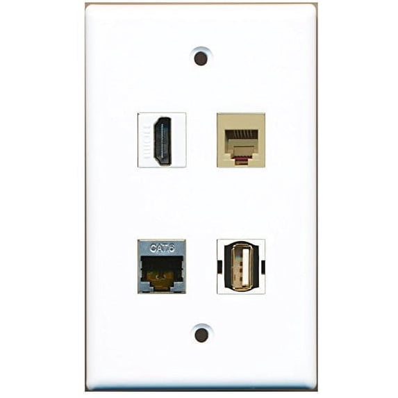 RiteAV - 1 Port HDMI 1 Port USB A-A 1 Port Phone RJ11 RJ12 Beige 1 Port Shielded Cat6 Ethernet Wall Plate