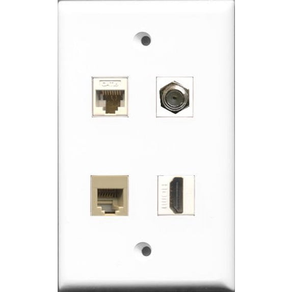 RiteAV 1 Port HDMI and 1 Port Coax Cable TV- F-Type and 1 Port Phone RJ11 RJ12 Beige and 1 Port Cat6 Ethernet White Wall Plate