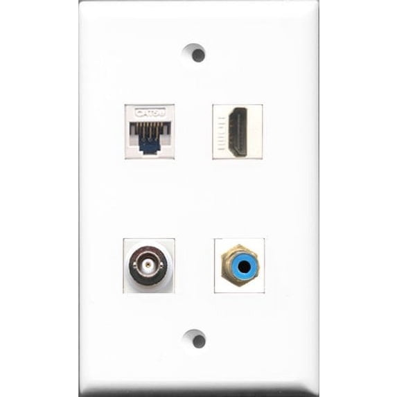 RiteAV - 1 Port HDMI and 1 Port RCA Blue and 1 Port BNC and 1 Port Cat5e Ethernet White Wall Plate