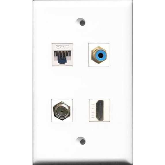 RiteAV 1 Port HDMI and 1 Port RCA Blue and 1 Port Coax Cable TV- F-Type and 1 Port Cat5e Ethernet White Wall Plate