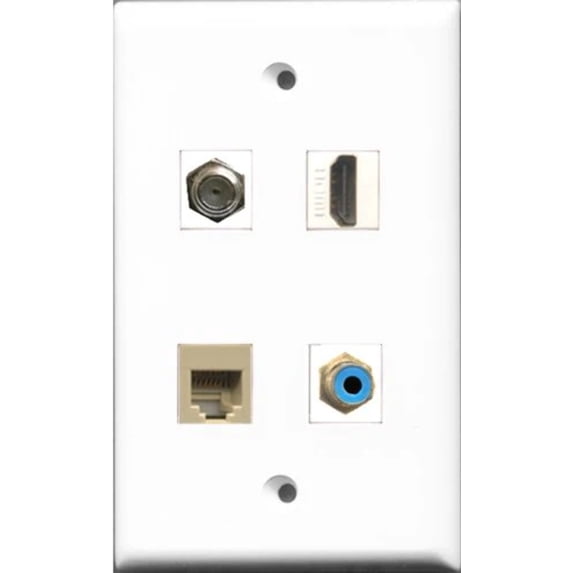 RiteAV 1 Port HDMI and 1 Port RCA Blue and 1 Port Coax Cable TV- F-Type and 1 Port Phone RJ11 RJ12 Beige Wall Plate