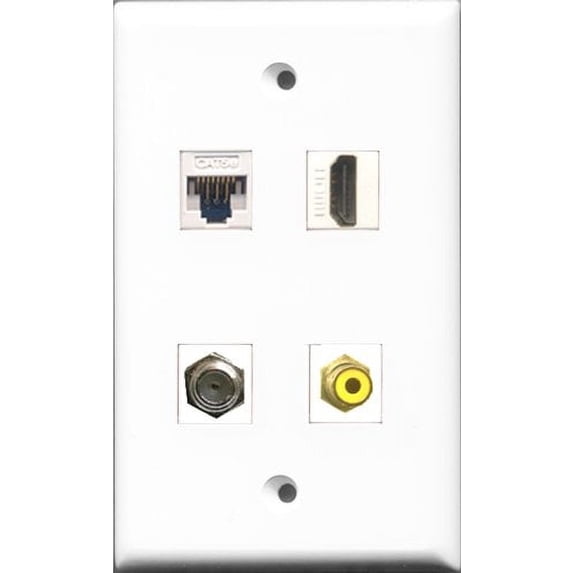 RiteAV - 1 Port HDMI and 1 Port RCA Yellow and 1 Port Coax Cable TV- F-Type and 1 Port Cat5e Ethernet White Wall Plate