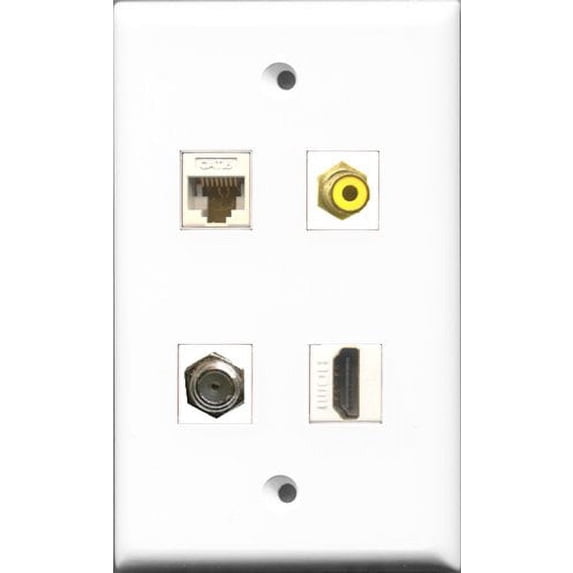 RiteAV 1 Port HDMI and 1 Port RCA Yellow and 1 Port Coax Cable TV- F-Type and 1 Port Cat6 Ethernet White Wall Plate