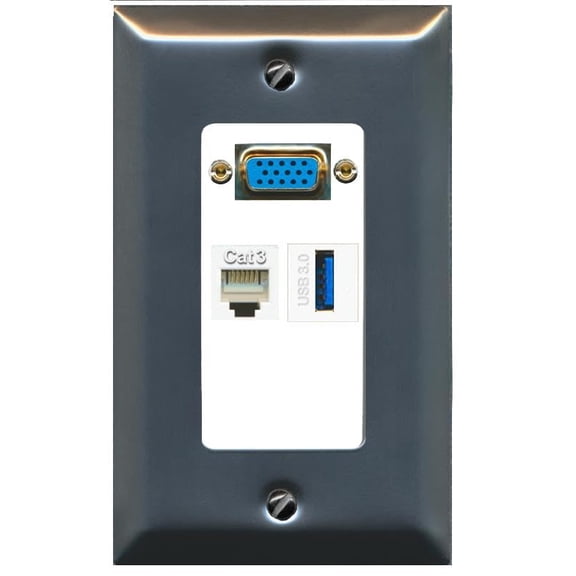 RiteAV 1 Port Phone 1 USB-3 Female-Female Coupler Wall Plate with SVGA Jack [Stainless/White]