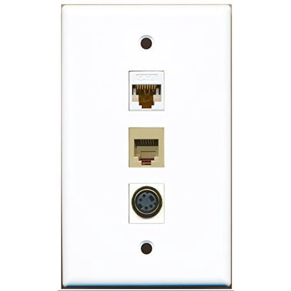 RiteAV - 1 Port Phone RJ11 RJ12 Beige and 1 Port S-Video and 1 Port Cat6 Ethernet White Wall Plate