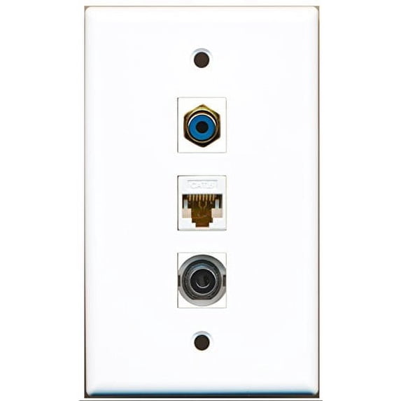 RiteAV - 1 Port RCA Blue and 1 Port 3.5mm and 1 Port Cat6 Ethernet White Wall Plate