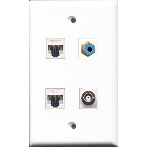 RiteAV 1 Port RCA Blue and 1 Port BNC 2 Port Cat5e Ethernet White Wall Plate