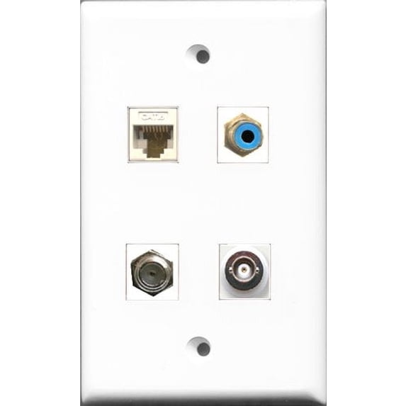 RiteAV 1 Port RCA Blue and 1 Port Coax Cable TV- F-Type and 1 Port BNC and 1 Port Cat6 Ethernet White Wall Plate