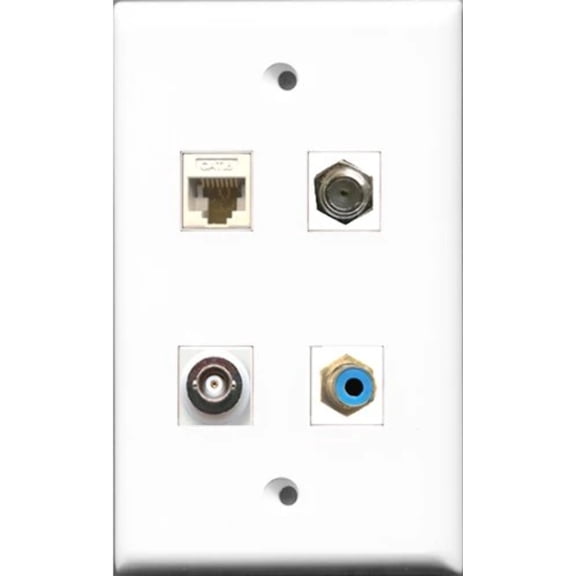 RiteAV 1 Port RCA Blue and 1 Port Coax Cable TV- F-Type and 1 Port BNC and 1 Port Cat6 Ethernet White Wall Plate