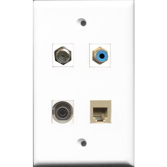 RiteAV 1 Port RCA Blue and 1 Port Coax Cable TV- F-Type and 1 Port Phone RJ11 RJ12 Beige and 1 Port 3.5mm Wall Plate