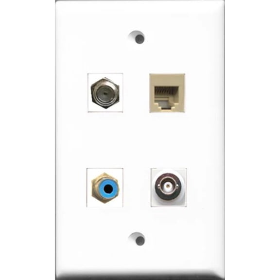 RiteAV 1 Port RCA Blue and 1 Port Coax Cable TV- F-Type and 1 Port Phone RJ11 RJ12 Beige and 1 Port BNC Wall Plate