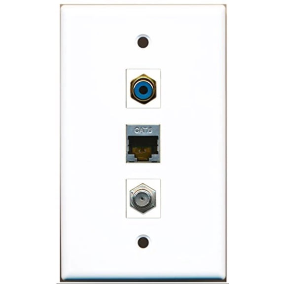 RiteAV - 1 Port RCA Blue and 1 Port Coax Cable TV- F-Type and 1 Port Shielded Cat6 Ethernet Wall Plate