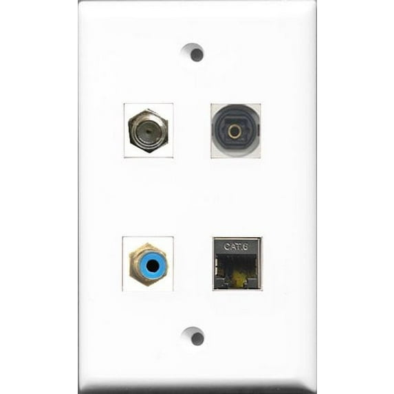RiteAV 1 Port RCA Blue and 1 Port Coax Cable TV- F-Type and 1 Port Shielded Cat6 Ethernet and 1 Port Toslink Wall Plate