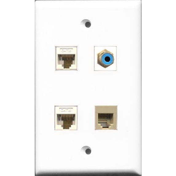 RiteAV 1 Port RCA Blue and 1 Port Phone RJ11 RJ12 Beige 2 Port Cat6 Ethernet White Wall Plate