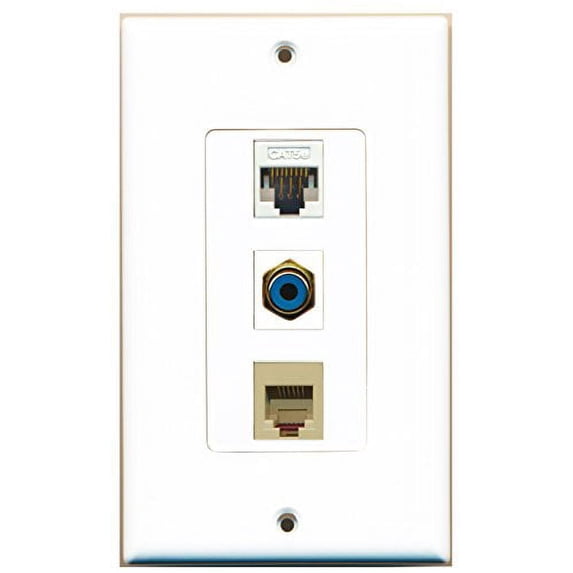 RiteAV - 1 Port RCA Blue and 1 Port Phone RJ11 RJ12 Beige and 1 Port Cat5e Ethernet White Decorative Wall Plate Decorative