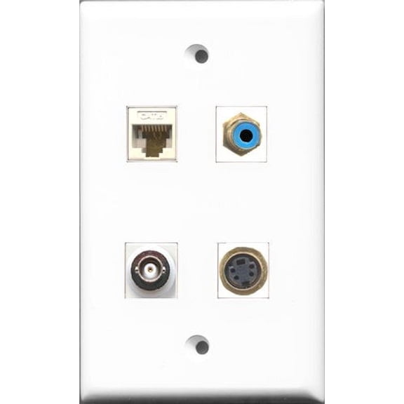 RiteAV 1 Port RCA Blue and 1 Port S-Video and 1 Port BNC and 1 Port Cat6 Ethernet White Wall Plate