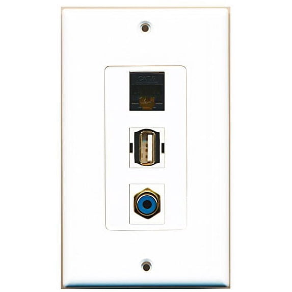 RiteAV - 1 Port RCA Blue and 1 Port USB A-A and 1 Port Cat6 Ethernet Black Decorative Wall Plate Decorative