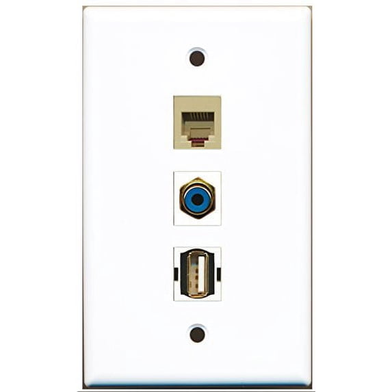 RiteAV - 1 Port RCA Blue and 1 Port USB A-A and 1 Port Phone RJ11 RJ12 Beige Wall Plate