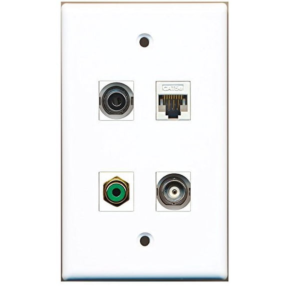 RiteAV - 1 Port RCA Green 1 Port 3.5mm 1 Port BNC 1 Port Cat5e Ethernet White Wall Plate