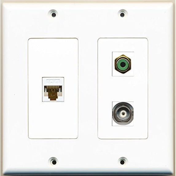 RiteAV - 1 Port RCA Green 1 Port BNC 1 Port Cat6 Ethernet White - 2 Gang Wall Plate