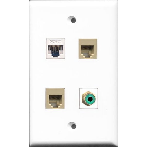 RiteAV 1 Port RCA Green 2 Port Phone RJ11 RJ12 Beige and 1 Port Cat5e Ethernet White Wall Plate