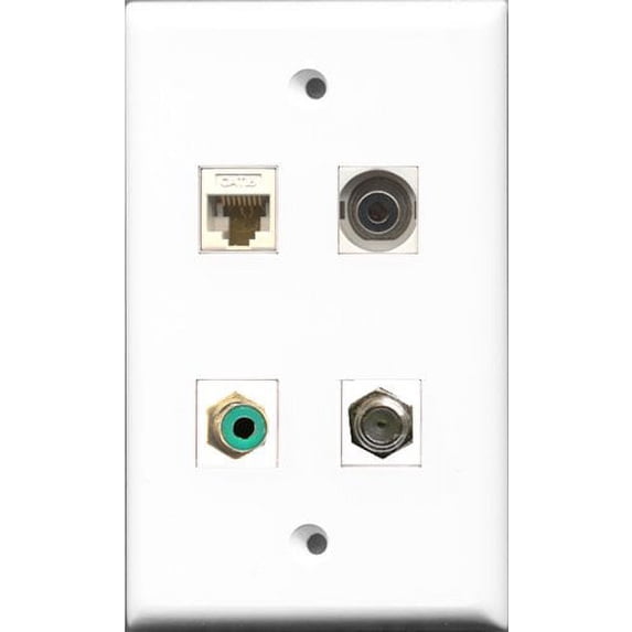 RiteAV 1 Port RCA Green and 1 Port Coax Cable TV- F-Type and 1 Port 3.5mm and 1 Port Cat6 Ethernet White Wall Plate
