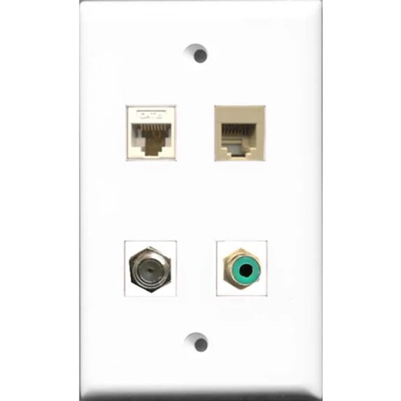 RiteAV 1 Port RCA Green and 1 Port Coax Cable TV- F-Type and 1 Port Phone RJ11 RJ12 Beige and 1 Port Cat6 Ethernet White Wall Plate