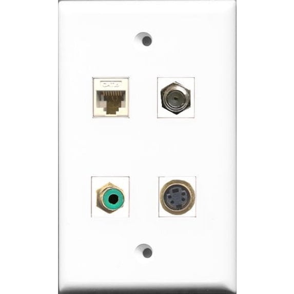 RiteAV 1 Port RCA Green and 1 Port Coax Cable TV- F-Type and 1 Port S-Video and 1 Port Cat6 Ethernet White Wall Plate