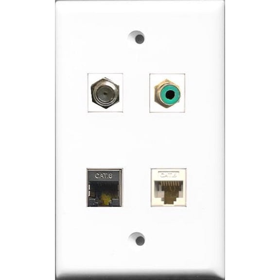 RiteAV 1 Port RCA Green and 1 Port Coax Cable TV- F-Type and 1 Port Shielded Cat6 Ethernet and 1 Port Cat6 Ethernet White Wall Plate