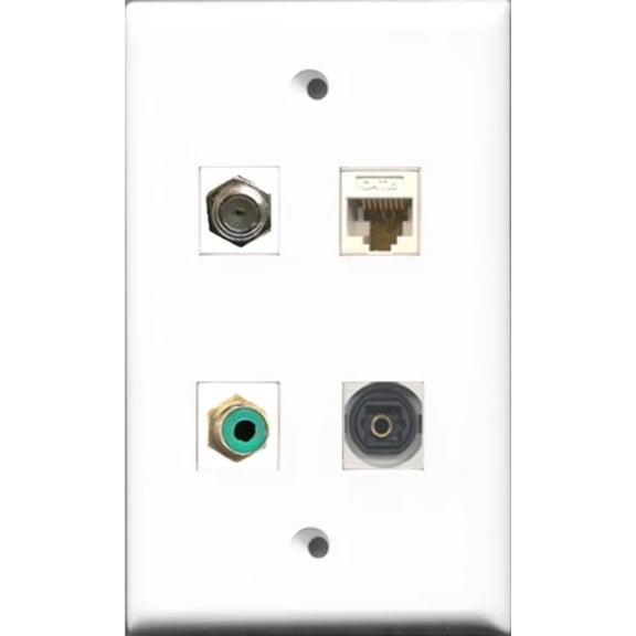 RiteAV 1 Port RCA Green and 1 Port Coax Cable TV- F-Type and 1 Port Toslink and 1 Port Cat6 Ethernet White Wall Plate