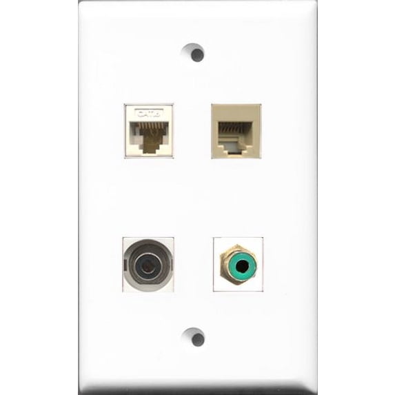 RiteAV 1 Port RCA Green and 1 Port Phone RJ11 RJ12 Beige and 1 Port 3.5mm and 1 Port Cat6 Ethernet White Wall Plate