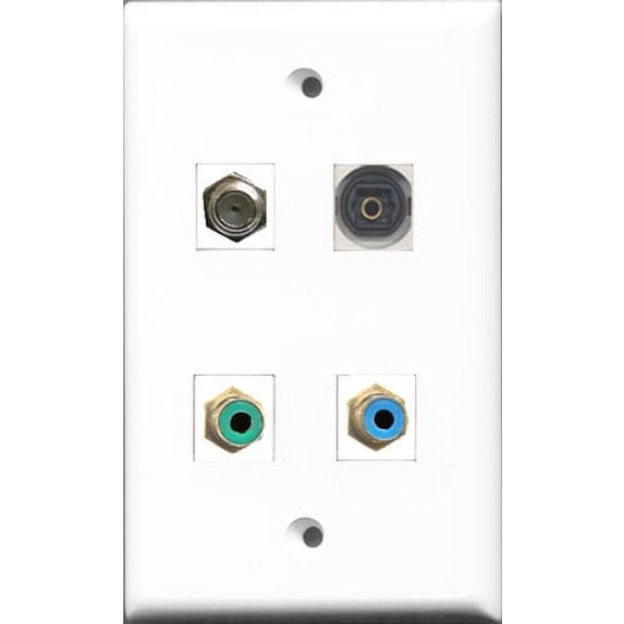 RiteAV 1 Port RCA Green and 1 Port RCA Blue and 1 Port Coax Cable TV- F-Type and 1 Port Toslink Wall Plate