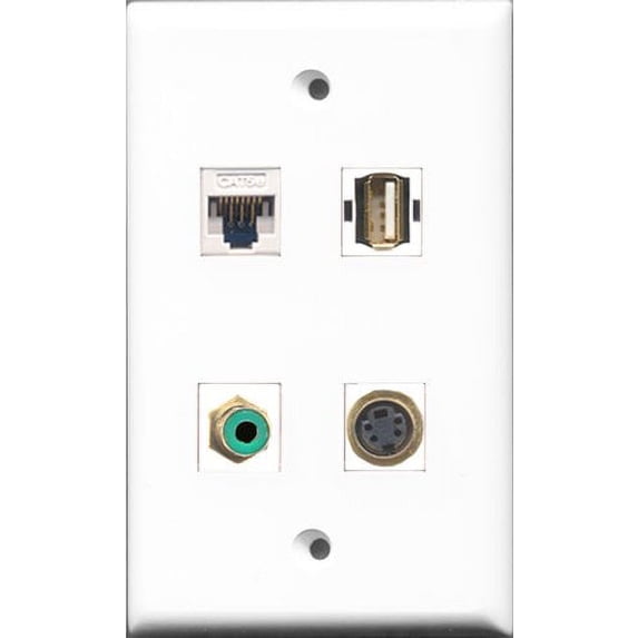 RiteAV 1 Port RCA Green and 1 Port USB A-A and 1 Port S-Video and 1 Port Cat5e Ethernet White Wall Plate
