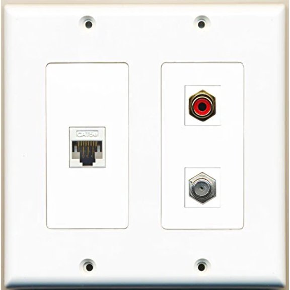 RiteAV - 1 Port RCA Red 1 Port Coax Cable TV- F-Type 1 Port Cat5e Ethernet White - 2 Gang Wall Plate