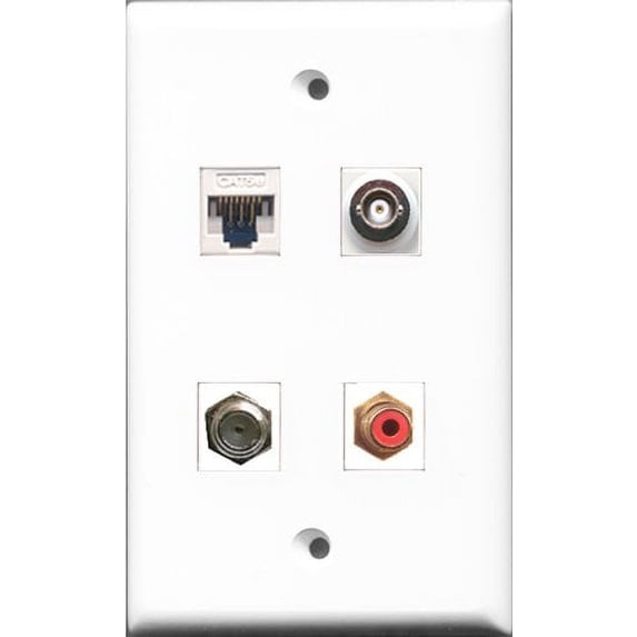 RiteAV - 1 Port RCA Red and 1 Port Coax Cable TV- F-Type and 1 Port BNC and 1 Port Cat5e Ethernet White Wall Plate