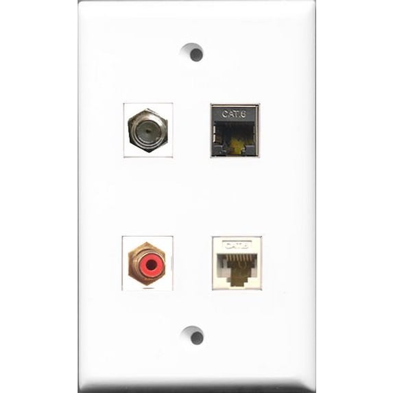 RiteAV 1 Port RCA Red and 1 Port Coax Cable TV- F-Type and 1 Port Shielded Cat6 Ethernet and 1 Port Cat6 Ethernet White Wall Plate