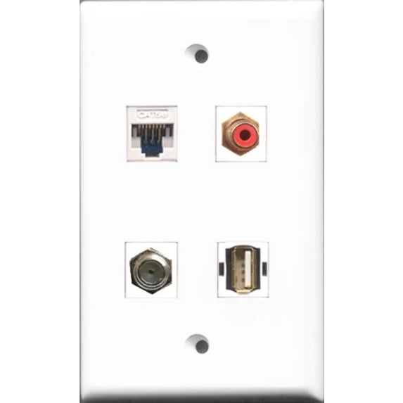 RiteAV 1 Port RCA Red and 1 Port Coax Cable TV- F-Type and 1 Port USB A-A and 1 Port Cat5e Ethernet White Wall Plate