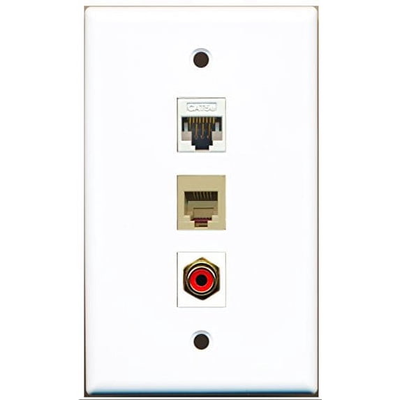 RiteAV - 1 Port RCA Red and 1 Port Phone RJ11 RJ12 Beige and 1 Port Cat5e Ethernet White Wall Plate