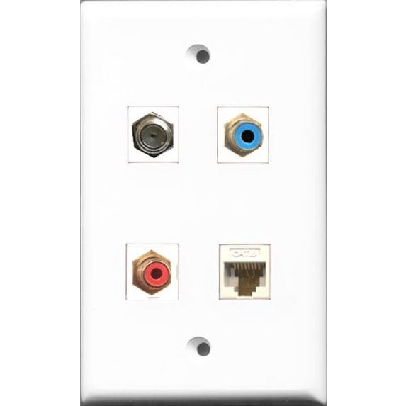 RiteAV 1 Port RCA Red and 1 Port RCA Blue and 1 Port Coax Cable TV- F-Type and 1 Port Cat6 Ethernet White Wall Plate